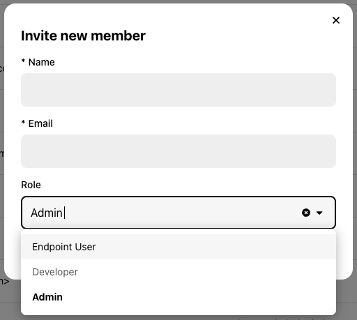 Screenshot of BentoCloud's invite new member dialog showing fields for name, email, and role selection
