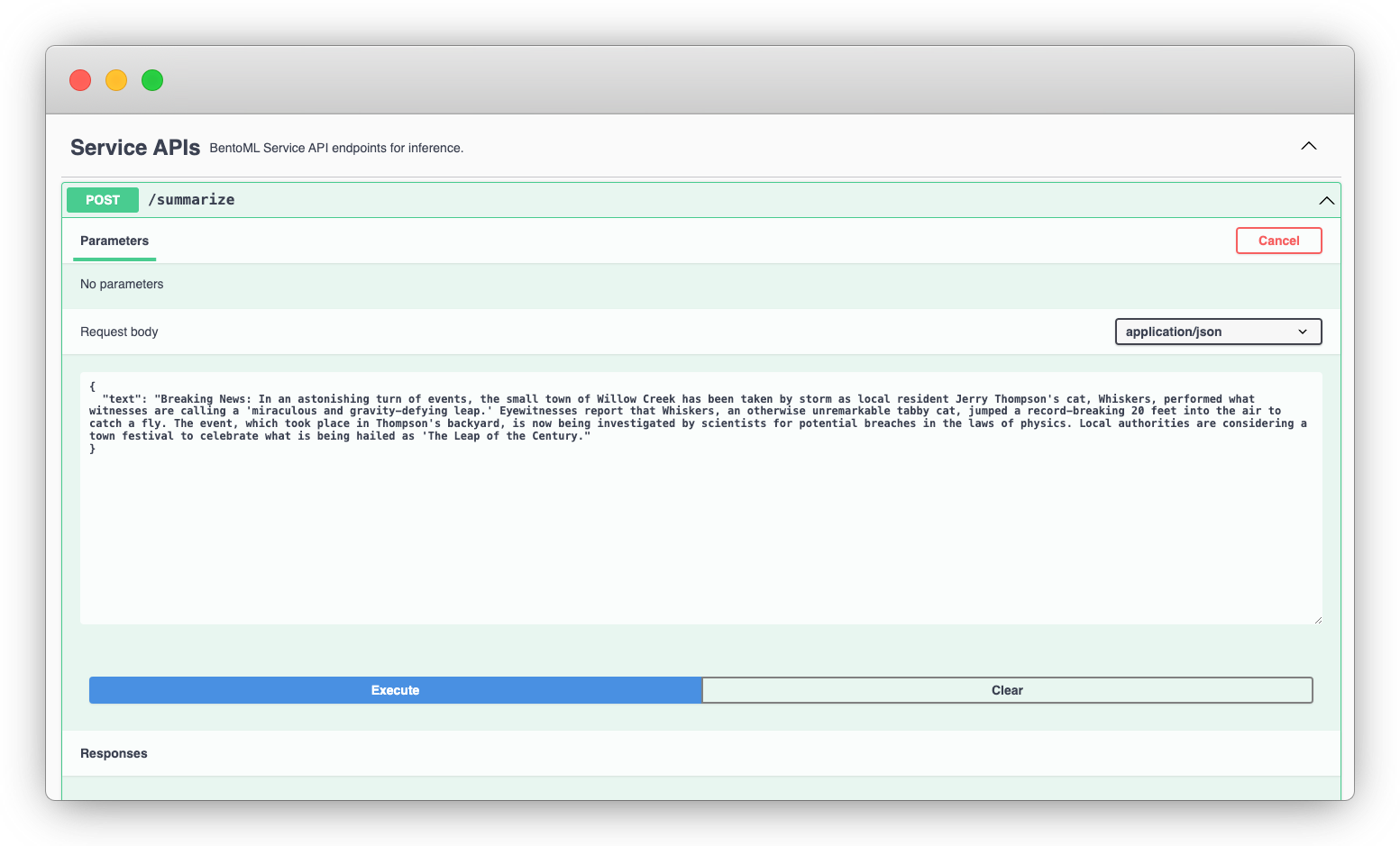 BentoML hello world example Swagger UI