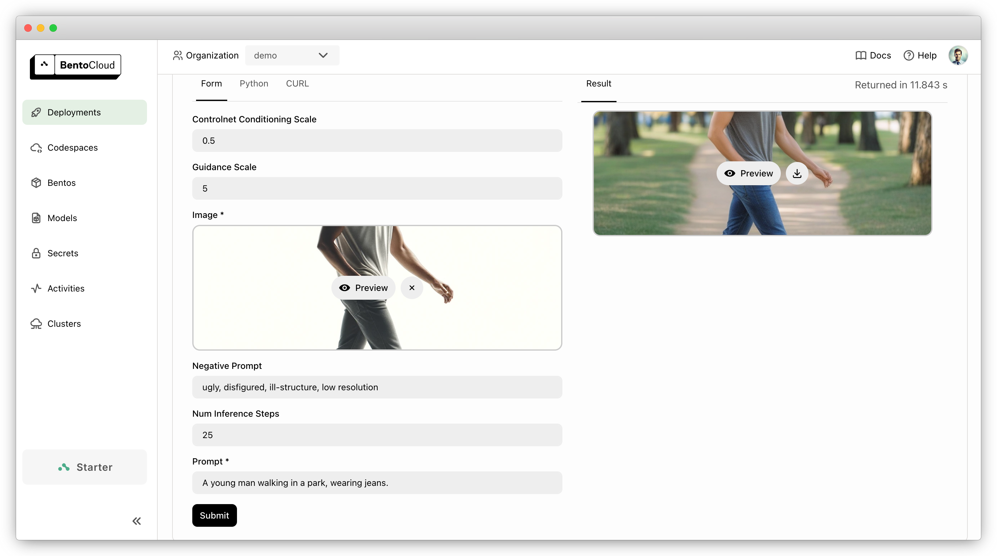 Screenshot of ControlNet application deployed on BentoCloud showing the image generation interface with prompt inputs and controls