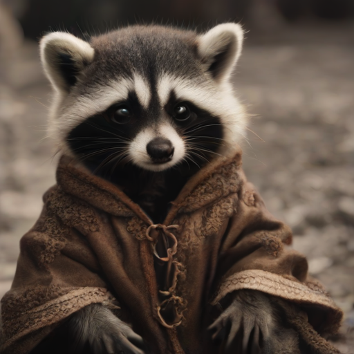 Generated image of a baby raccoon wearing an Italian priest robe, created by SDXL Turbo based on the example prompt